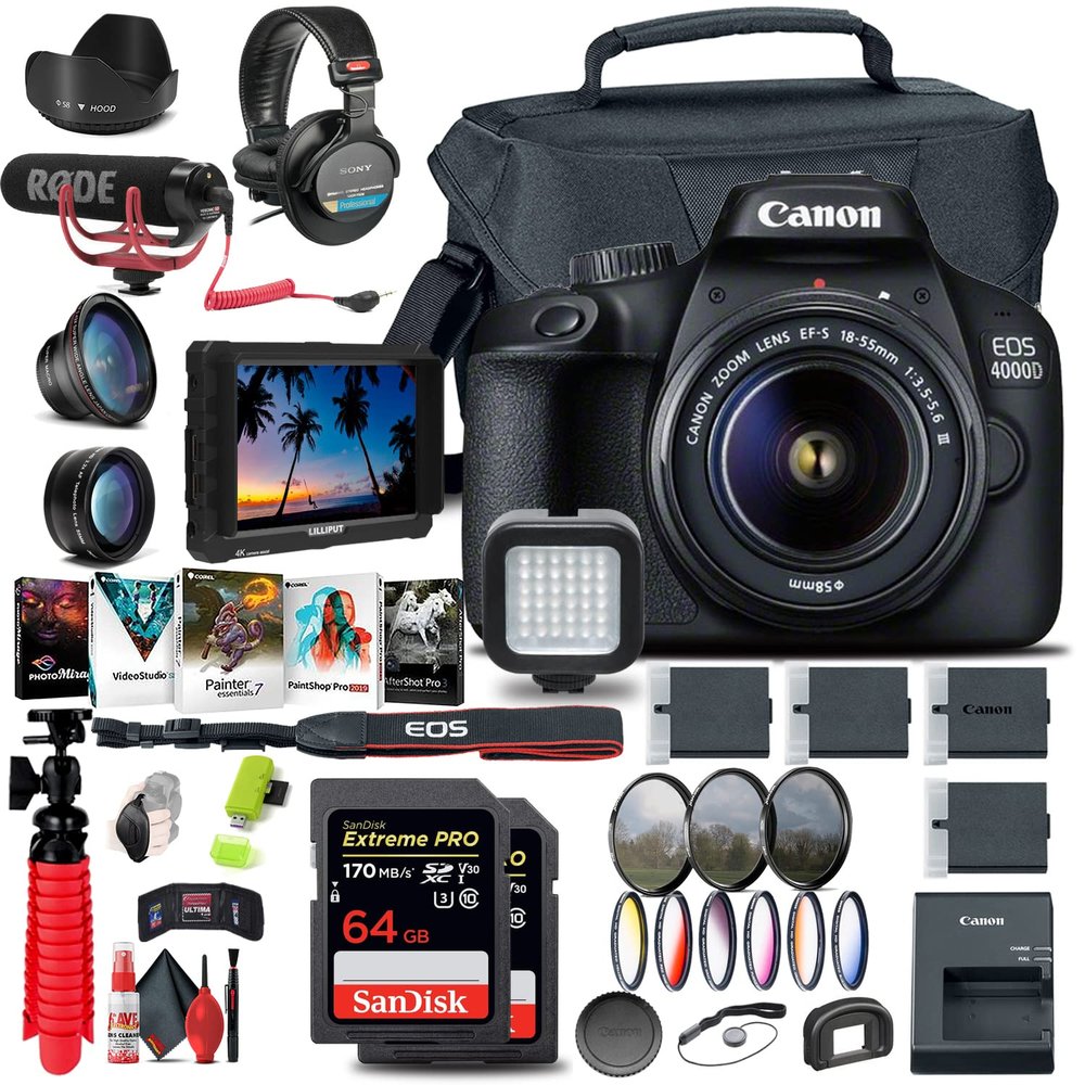 Canon EOS 4000D / Rebel T100 DSLR Camera with 18-55mm Lens + 4K Monitor + Mic + Headphones + 2 x 64GB Card + Filter Kit + Case + Photo Software + 3 x LPE10 Battery + More (Renewed)