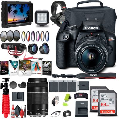 Canon EOS Rebel T100 / 4000D DSLR Camera with 18-55mm Lens + Canon EF 75-300mm Lens + 4K Monitor + Mic + Headphones + 2 x 64GB Memory Card + Color Filter Kit + Case + More (Renewed)