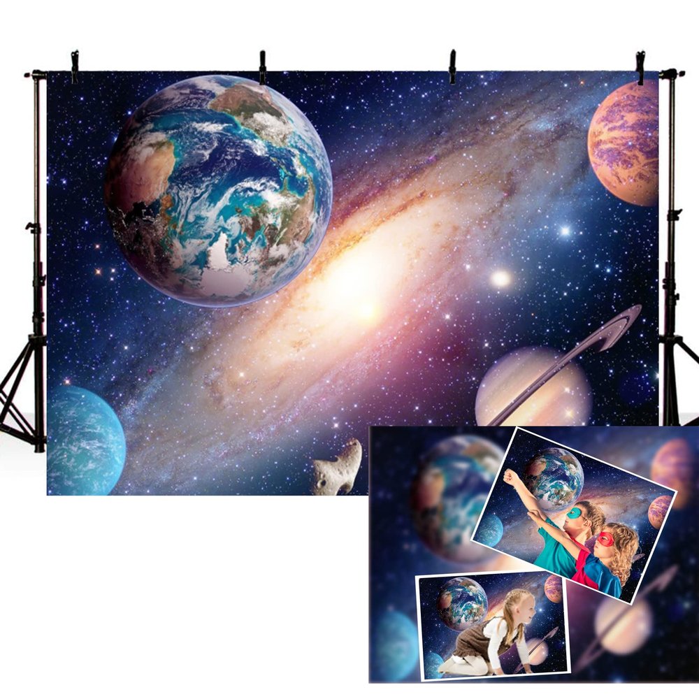 10x8FT Universe Outer Space Theme Backdrop Solar System Universe Galaxy Photography Background Milky Way Science Fiction Photo Studio Props for Children Happy Birthday Party Decor Banner