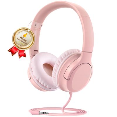DyBaxa Kids Headphones, Wired Foldable On-Ear Headphones for Kids, Volume Limiter 94dB, Kid Headphones for School Classes Travel, 3.5mm Jack Kids Headset Compatible Smartphones Tablet, Pink