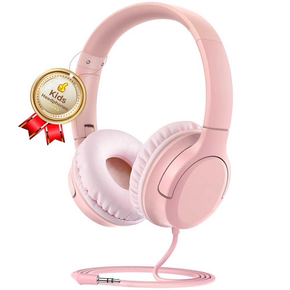 DyBaxa Kids Headphones, Wired Foldable On-Ear Headphones for Kids, Volume Limiter 94dB, Kid Headphones for School Classes Travel, 3.5mm Jack Kids Headset Compatible Smartphones Tablet, Pink