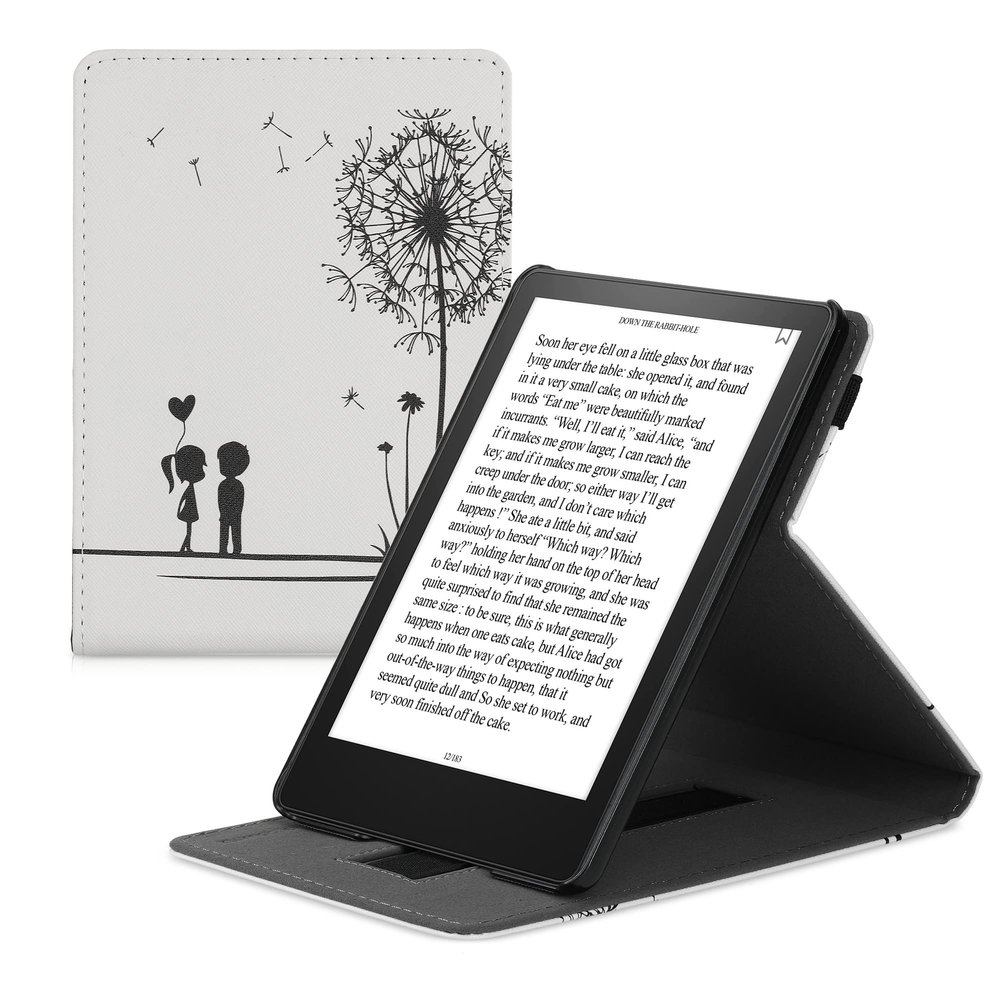 kwmobile Cover Compatible with Amazon Kindle Paperwhite 11. Generation 2021 Case - Stand + Strap - Dandelion Love Black/White