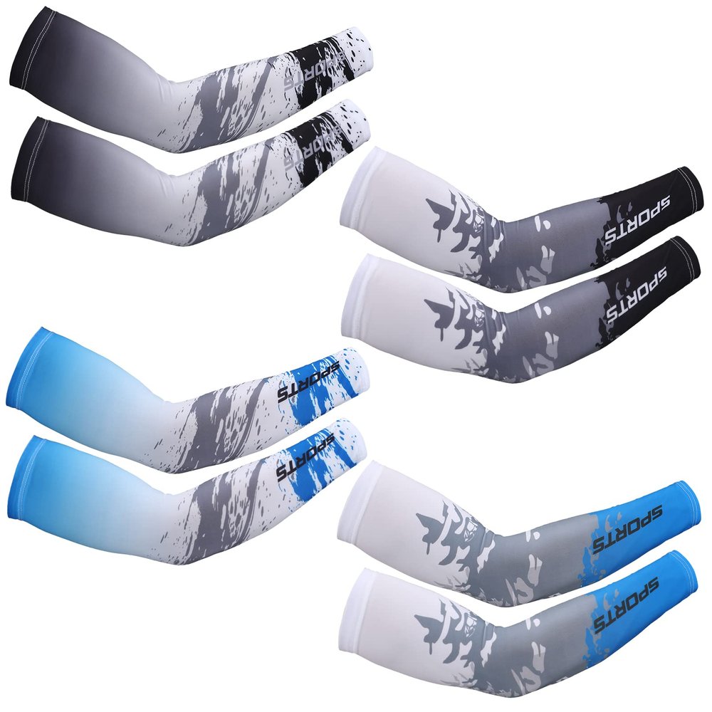 Newcotte 4 Pairs UV Sun Protection Arm Sleeves Cooling Sports Sleeve Anti Slip Ice Silk Warmers Arm Covers for Men Women (Blue, Black,Large)