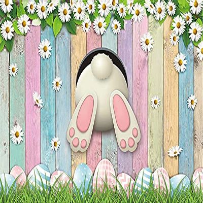 10x8FT Colorful Wood Spring Easter Photography Backdrop Happy Rabbit Grass Floral Colorful Eggs Wooden Wall for Kids Children Newborn Baby Shower Birthday Party Decor Banner Portrait Photo Booth Props