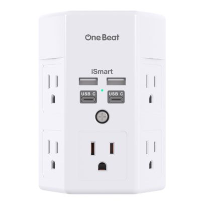 One Beat 1680J 3 Side Power Strip Multi Plug Expander, Surge Protector, 5 Outlets Extender, 4 USB Ports (USB C), Wall Mount Charger, Outlet Splitter Adapter for Home, Travel, Office, ETL Listed, White