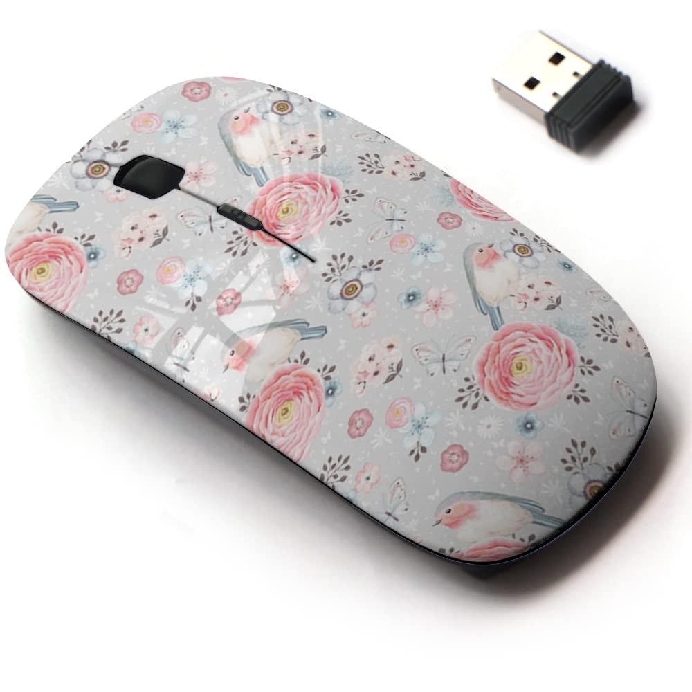 2.4G Wireless Mouse with Cute Pattern Design for All Laptops and Desktops with Nano Receiver - Birds Robin Butterflies