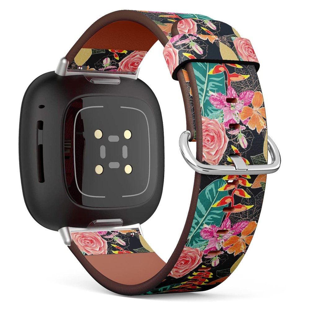CJBROES Replacement Leather Watch Band, Compatible with Fitbit Versa 3 and Fitbit Sense of Wristband Bracelet Accessory - Flora Pink Pastel