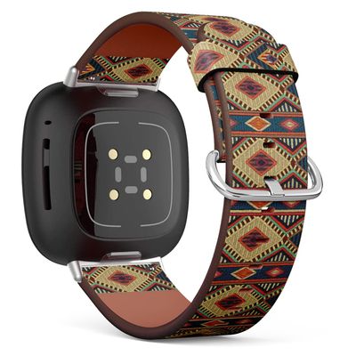 CJBROES Replacement Leather Watch Band, Compatible with Fitbit Versa 3 and Fitbit Sense of Wristband Bracelet Accessory - Embroidered Geometric Ornament