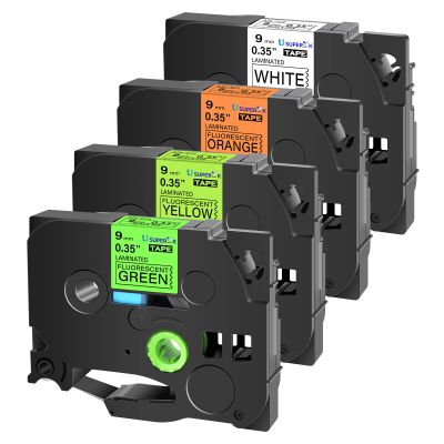 USUPERINK 4PK Compatible for Brother P-Touch TZe 221 B21 C21 D21 Label Tape 9mm 0.35'' 3/8 inch Black on White/Orange/Fluo Yellow/Fluo Green Laminated Tapes for PT-D210 H110 H100 H300 Label Maker