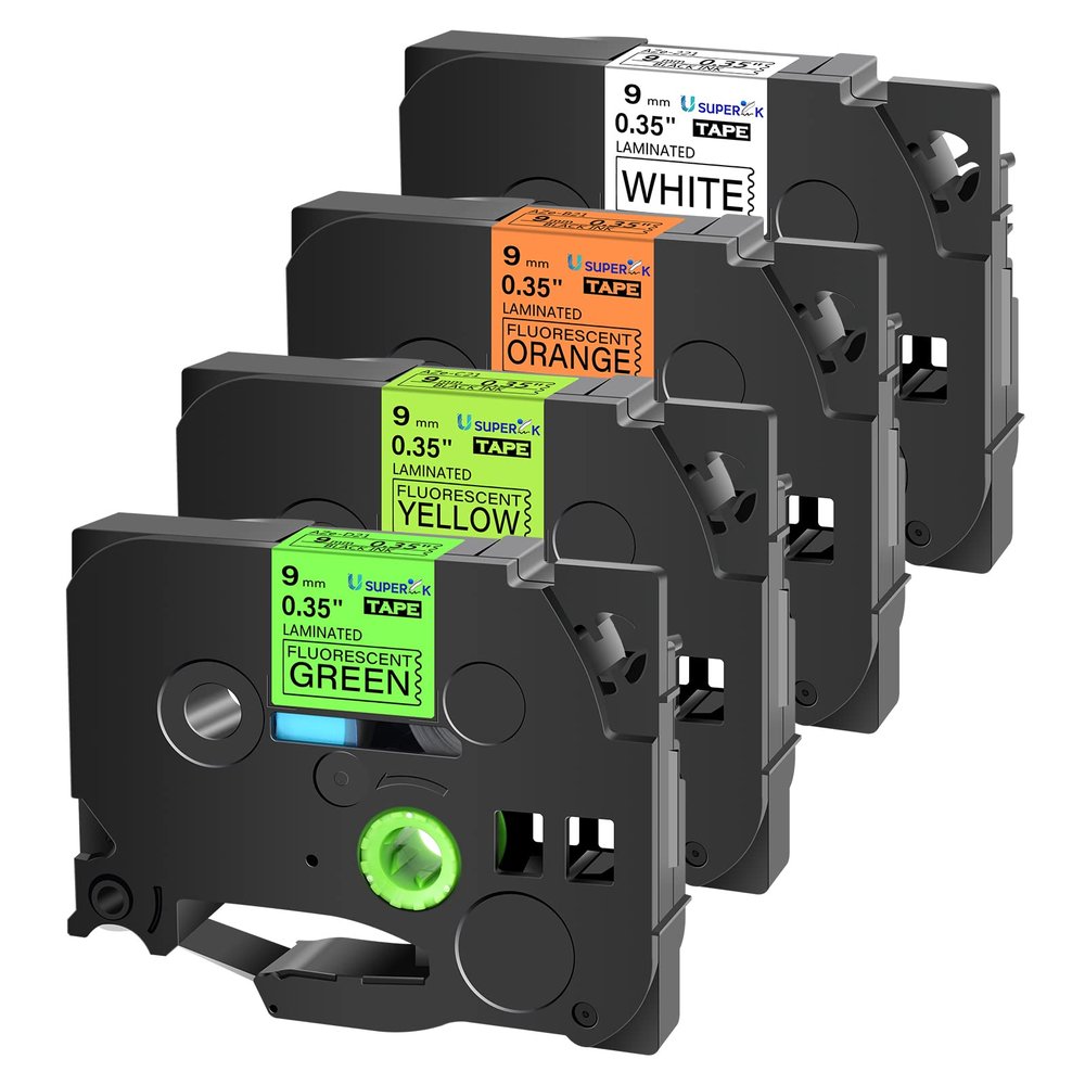 USUPERINK 4PK Compatible for Brother P-Touch TZe 221 B21 C21 D21 Label Tape 9mm 0.35'' 3/8 inch Black on White/Orange/Fluo Yellow/Fluo Green Laminated Tapes for PT-D210 H110 H100 H300 Label Maker