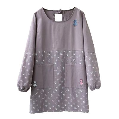 FYYSJW Aprons for Women with Pockets, Cotton And Linen Long Sleeve Aprons,Chef Cooking Cute Work Apron for Teens Adult Smock (Gray)