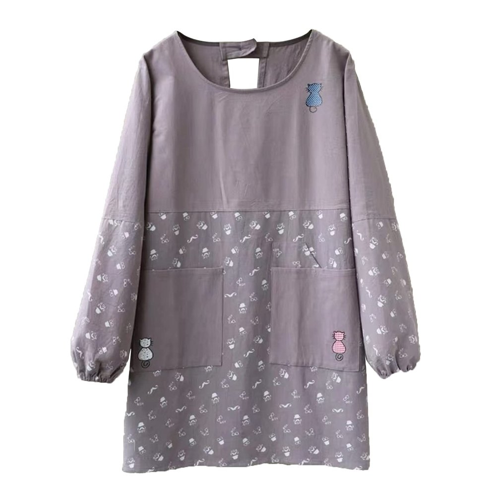 FYYSJW Aprons for Women with Pockets, Cotton And Linen Long Sleeve Aprons,Chef Cooking Cute Work Apron for Teens Adult Smock (Gray)