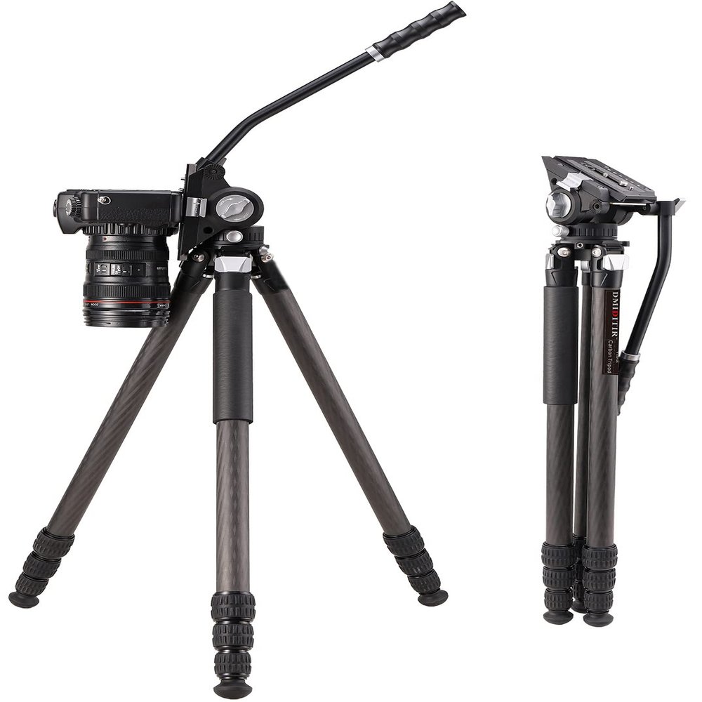 Carbon Fiber Tripod Video Tripod with Fluid Head, Video Camera Tripod Heavy Duty arge Load for DSLR Camera Load up to 33 Pounds, Suitable for Hunting and Work (Black)