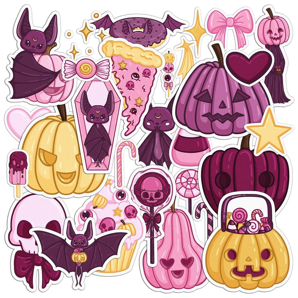 Mertak - 29 - PCS Sticker Pack for Laptop Set Party Decoration Small and Large Spooky Bats Decals Journal Scrapbook for Notebook Pumpkins Candy Girly Pink Cute for Water Bottles Waterproof Set