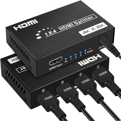 HDMI Splitter 1 in 4 Out, 4 Ports HDMI Splitter 4K@30Hz with Power Adapter, Support EDID 3D HD Distributor for PS4 Xbox Fire Stick HDTV