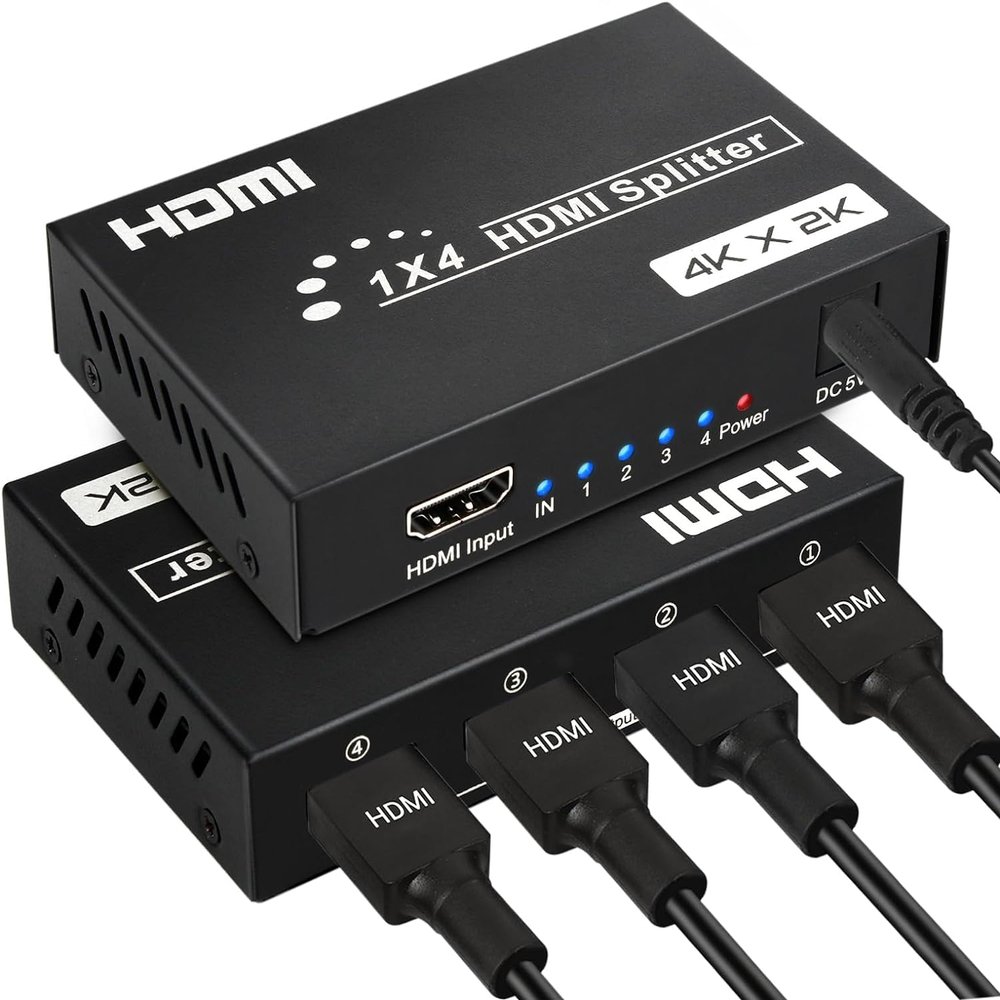 HDMI Splitter 1 in 4 Out, 4 Ports HDMI Splitter 4K@30Hz with Power Adapter, Support EDID 3D HD Distributor for PS4 Xbox Fire Stick HDTV