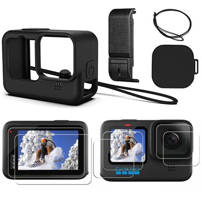 Hero 12 11 10 9 Silicone Sleeve Protective Case + 6 PCS Tempered Glass Screen Protector for Hero 11 10 9, Accessories Kit for GoPro Hero 12 11 10 9 Black Battery Side Cover +Lens Cap+ Lanyard