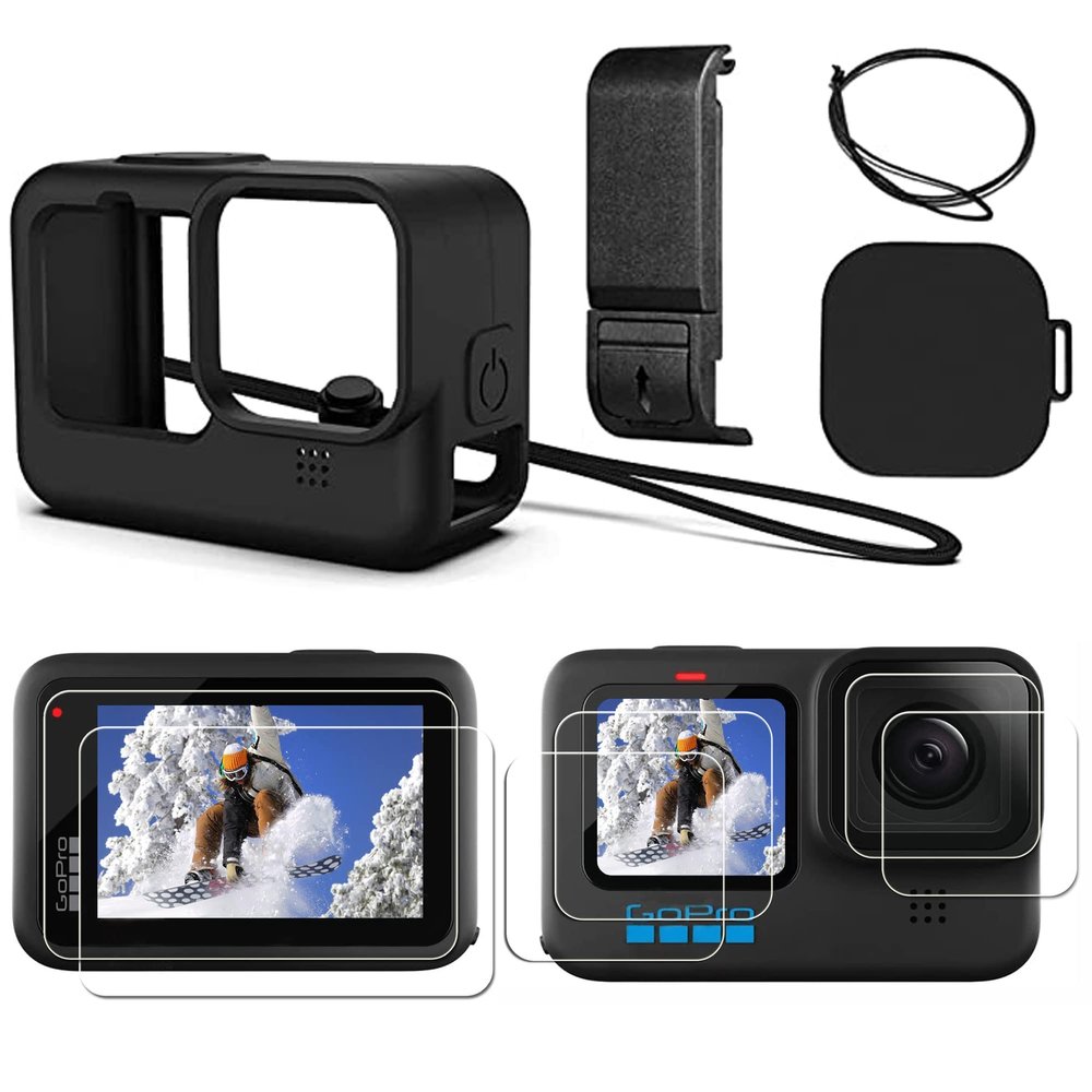 Hero 12 11 10 9 Silicone Sleeve Protective Case + 6 PCS Tempered Glass Screen Protector for Hero 11 10 9, Accessories Kit for GoPro Hero 12 11 10 9 Black Battery Side Cover +Lens Cap+ Lanyard