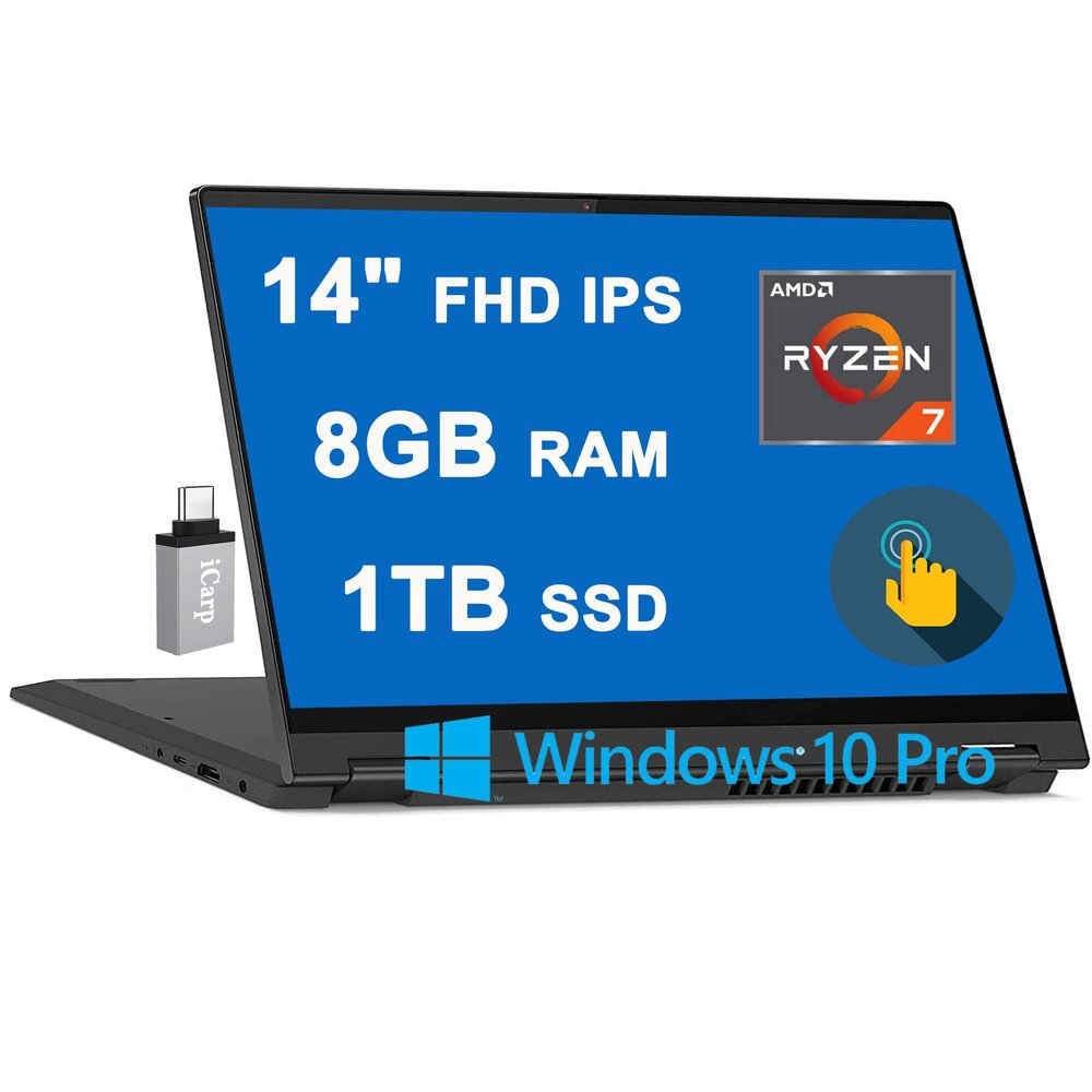 Lenovo Flex 5 2-in-1 Laptop 14" FHD IPS Touchscreen AMD Octa-Core Ryzen 7 4700U (Beats i7-10510U) 8GB RAM 1TB SSD Fingerprint Backlit Keyboard Type-C HDMI Dolby Win10Pro + Type-C Adapter