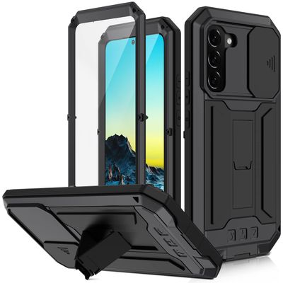Simicoo Compatible With Samsung S22 Plus Case with Screen Camera Protector, S22 Plus Rugged Military Metal Heavy Duty Waterproof Case With Stand Screen Protector Slide Camera Cover for Outdoor (Black)