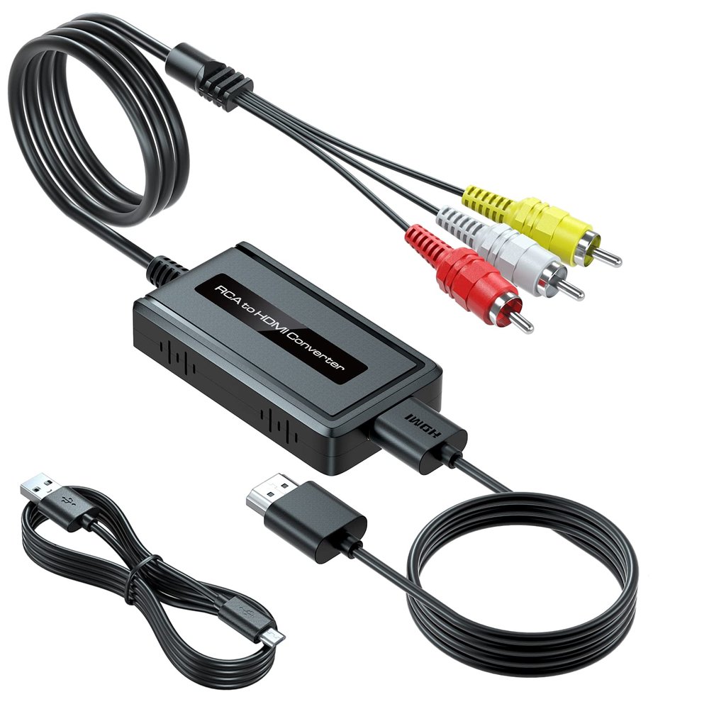 Bcrokory Male RCA to HDMI Converter with HDMI Cable for DVD/STB/VHS with Female RCA Output(RCA Cable Integrated), CVBS AV Composite to HDMI Converter Supports Full HD 720P/1080P Output Switch