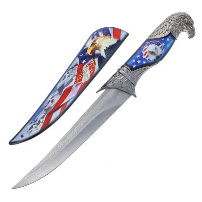 ASR Outdoor 13 inch Decorative American USA Flag Eagle Etched Collectors Hunting Knife, Ornamental Scabbard and Handle
