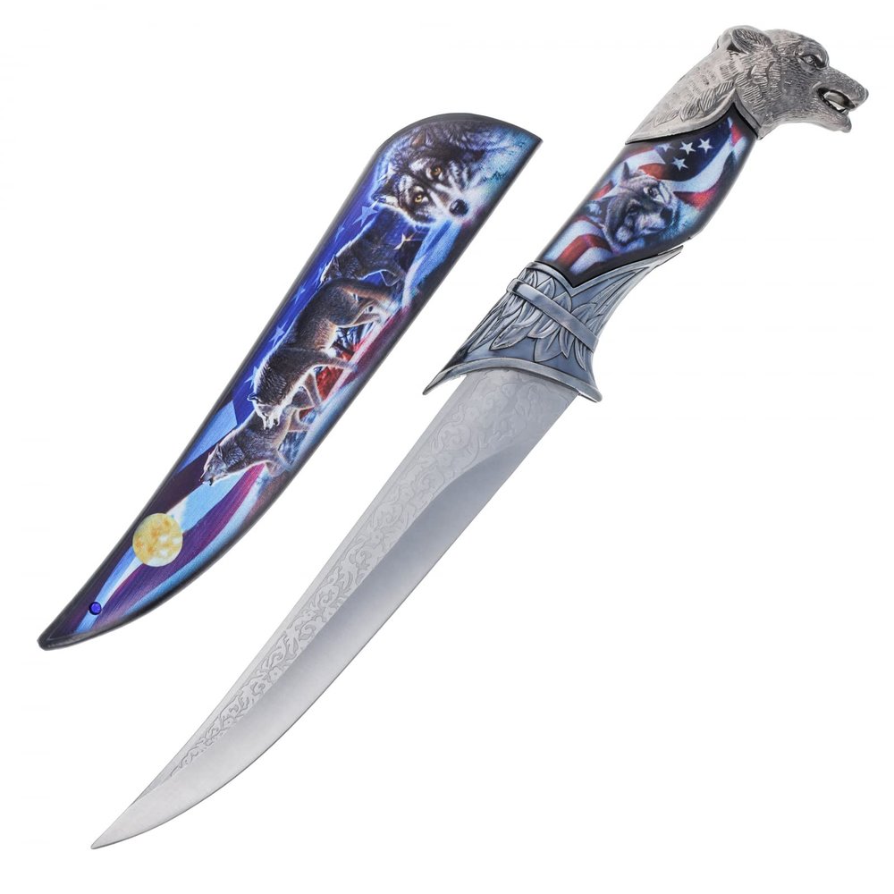 ASR Outdoor 13 inch Decorative Native Howling Wolf Etched Collectors Hunting Knife, Ornamental Scabbard and Handle