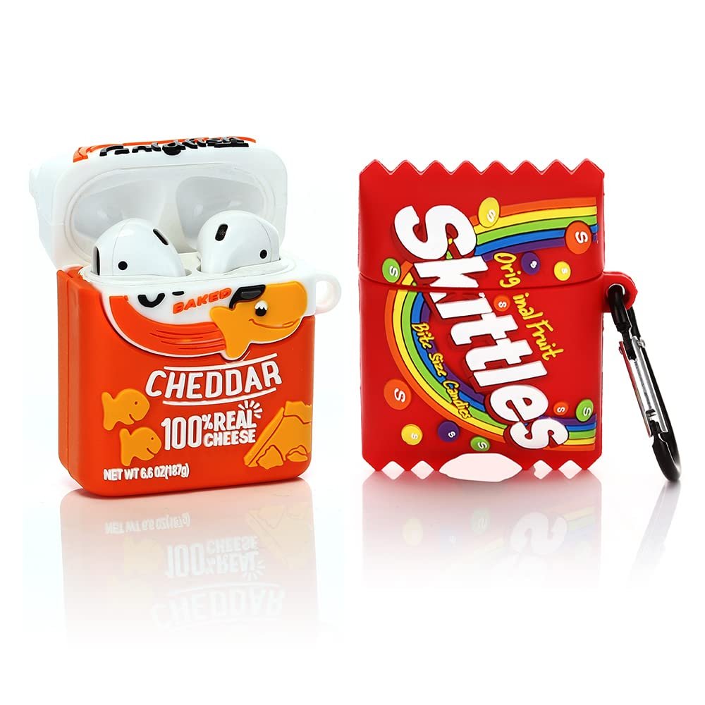 (2 Pack) Cute Airpods 1/2 Case Silicone Cover with Keychain, Cartoon Skin Design Headphones Charging Case Protective Cover Accessories Kits Compatible for Airpods 1 and 2 (Goldfish+Candy)