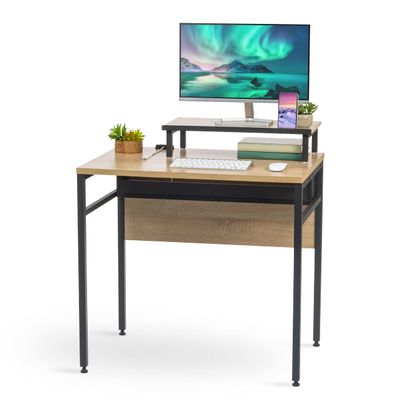 IRIS USA Computer Desk, 32" L x 22" W Slim Rustic Industrial Table with Monitor Stand, Matte Black Steel Frame, Heavy Duty Wooden Tabletop, Home Office Laptop Stand for Small Space
