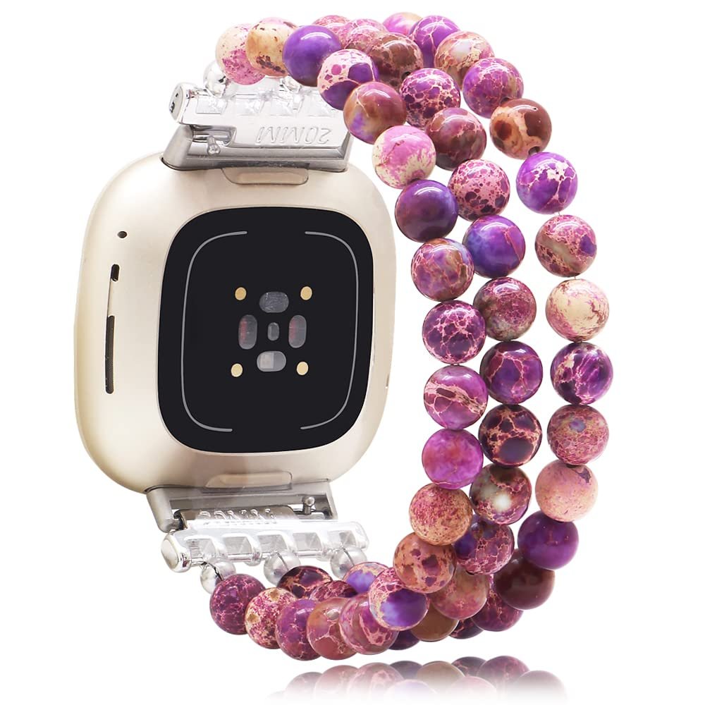 C&L Accessories Bracelet Compatible with Fitbit Versa 3/Fitbit Versa 4/Fitbit Sense 2/Fitbit Sense Bands for Women, Beaded Adjustable Gemstone Replacement Wristband Straps (Natural Light)