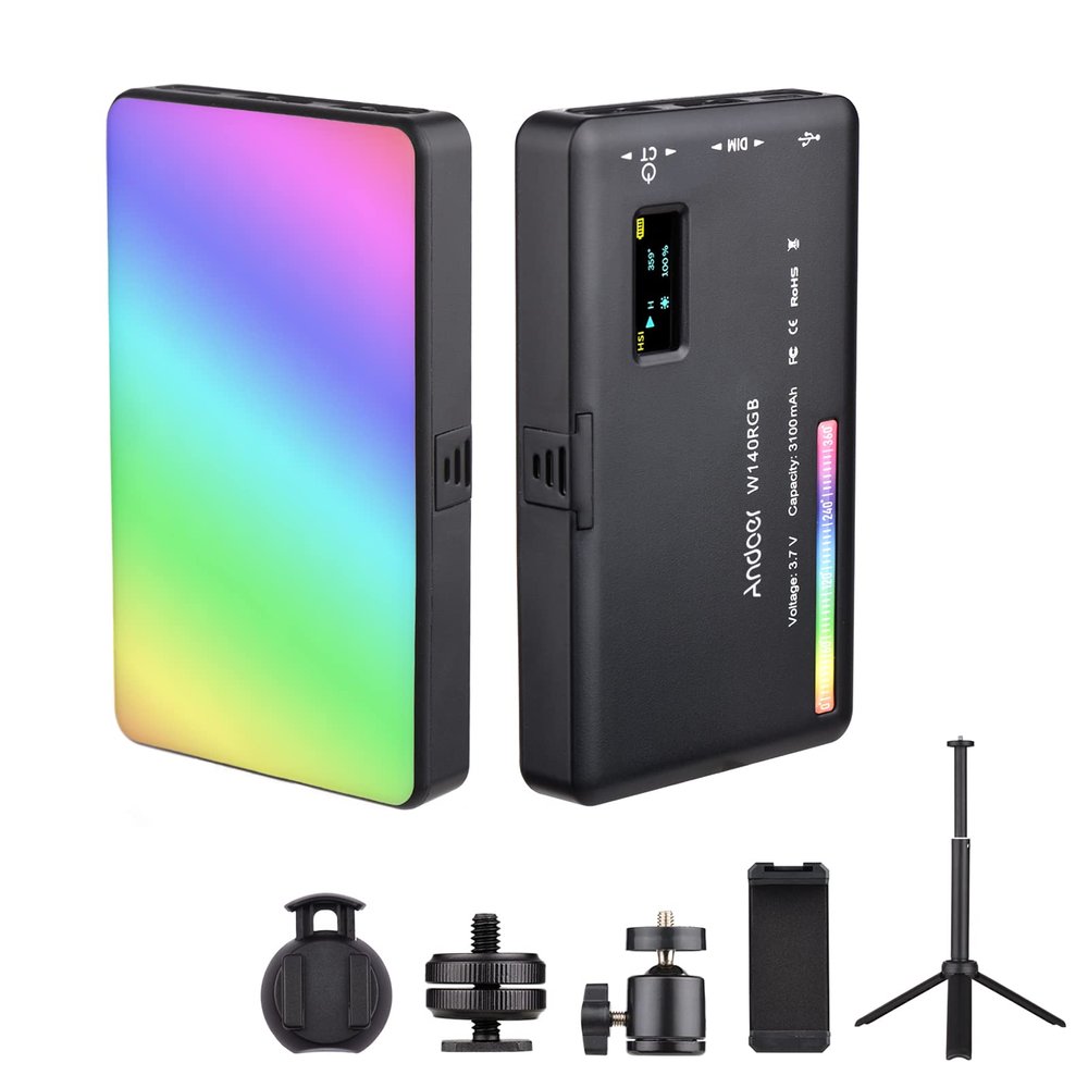 Andoer W140 RGB LED Video Light Kit Pocket Video Conference Lighting CRI95+ 2500K-9000K Dimmable 20 Lighting Effects with Desktop Tripod Ballhead Phone Holder Computer Clip Cold Shoe Adapter