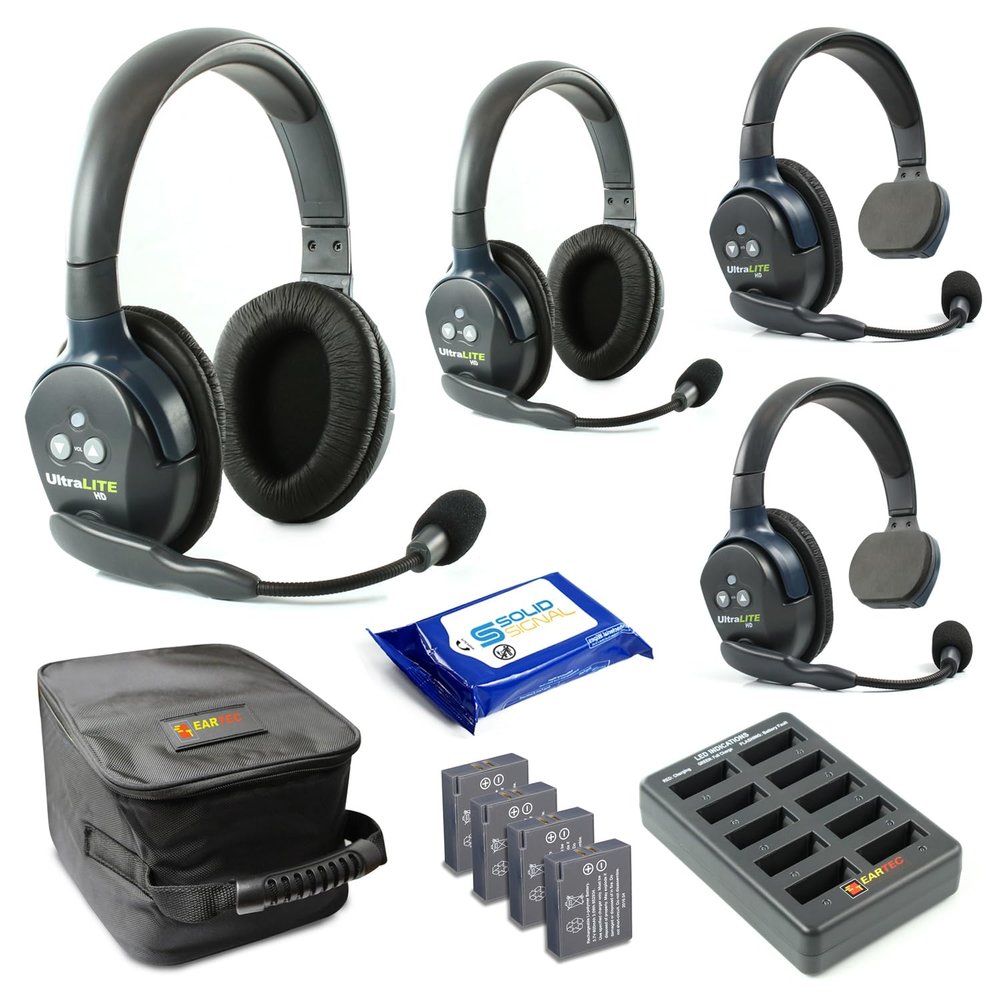 Eartec UL422 Ultralite Full Duplex Wireless Headset Communication for 4 Users - 2 Single Ear and 2 Dual Ear Headsets with SolidSignal Cleaning Wipes Bundle
