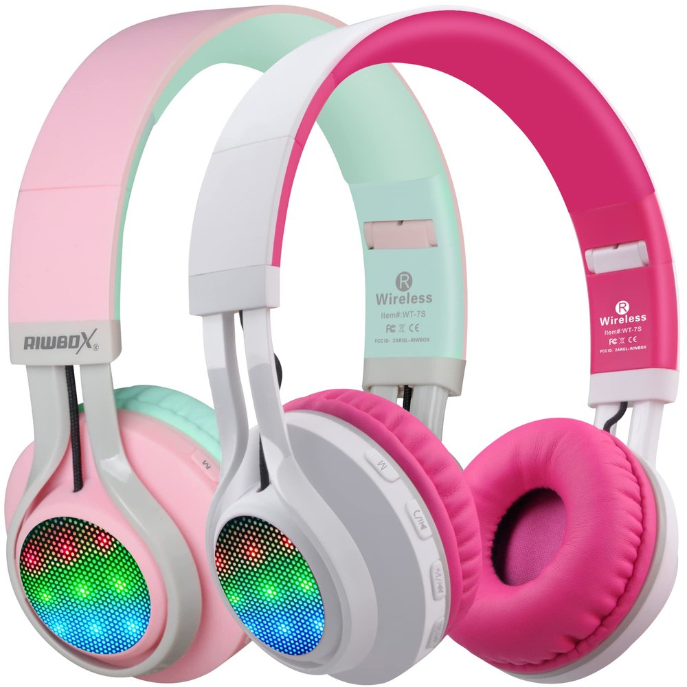 Riwbox 2 Packs WT-7S Kids Headphones Wireless, Foldable Stereo Bluetooth Headset with Mic Compatible with PC/Laptop/Tablet/iPad Pink&White