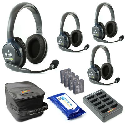 Eartec UL4D Ultralite Full Duplex Wireless Headset Communication for 4 Users - 4 Dual Ear Headsets with SolidSignal Cleaning Wipes Bundle