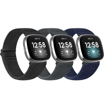 Huamanlou 3 Pack Elastic Nylon Watch Bands Compatible with Fitbit Versa 4/Versa 3/Sense 2/Sense, Soft Adjustable Breathable Fabric Stretchy Replacement Wristbands for Women and Men