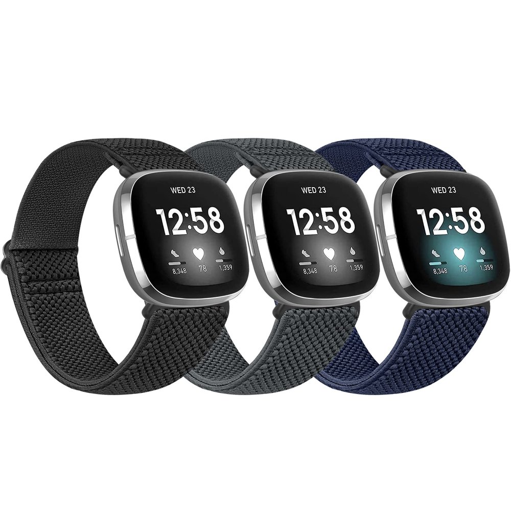 Huamanlou 3 Pack Elastic Nylon Watch Bands Compatible with Fitbit Versa 4/Versa 3/Sense 2/Sense, Soft Adjustable Breathable Fabric Stretchy Replacement Wristbands for Women and Men