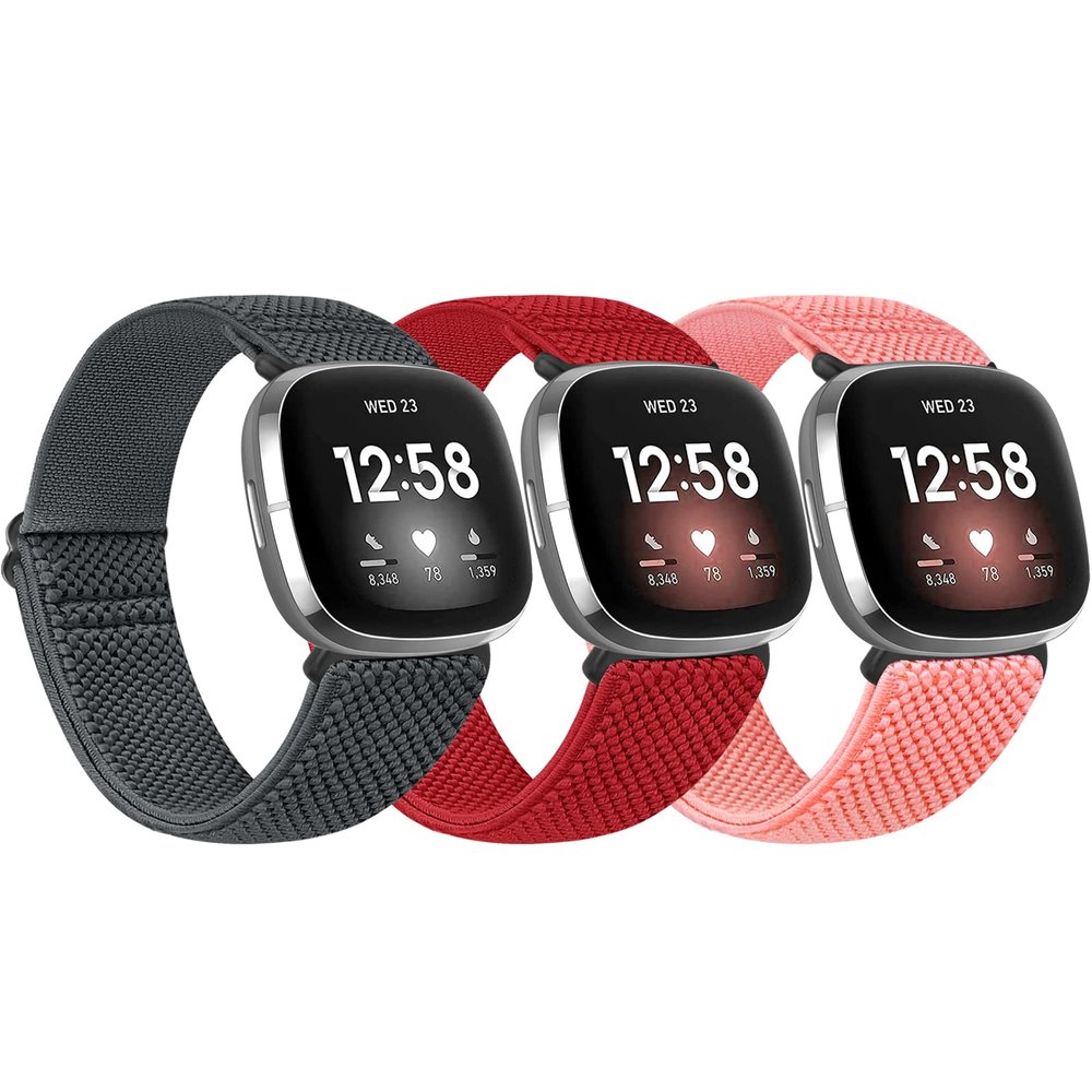 Huamanlou 3 Pack Elastic Nylon Watch Bands Compatible with Fitbit Versa 4/Versa 3/Sense 2/Sense, Soft Adjustable Breathable Fabric Stretchy Replacement Wristbands for Women and Men