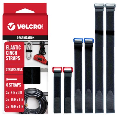 VELCRO Brand VEL-30794-AMS Elastic Cinch Straps with Buckle | 6pc Variety Pack 8"-15"-30"| Stretchable to Snugly Fasten Power Cords, Lumber, Bicycles, Sleeping Bags, Outdoor Umbrellas, More | Black