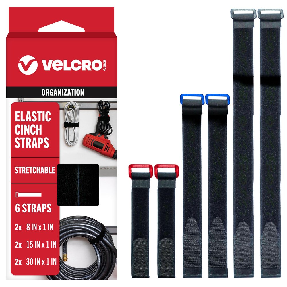 VELCRO Brand VEL-30794-AMS Elastic Cinch Straps with Buckle | 6pc Variety Pack 8"-15"-30"| Stretchable to Snugly Fasten Power Cords, Lumber, Bicycles, Sleeping Bags, Outdoor Umbrellas, More | Black