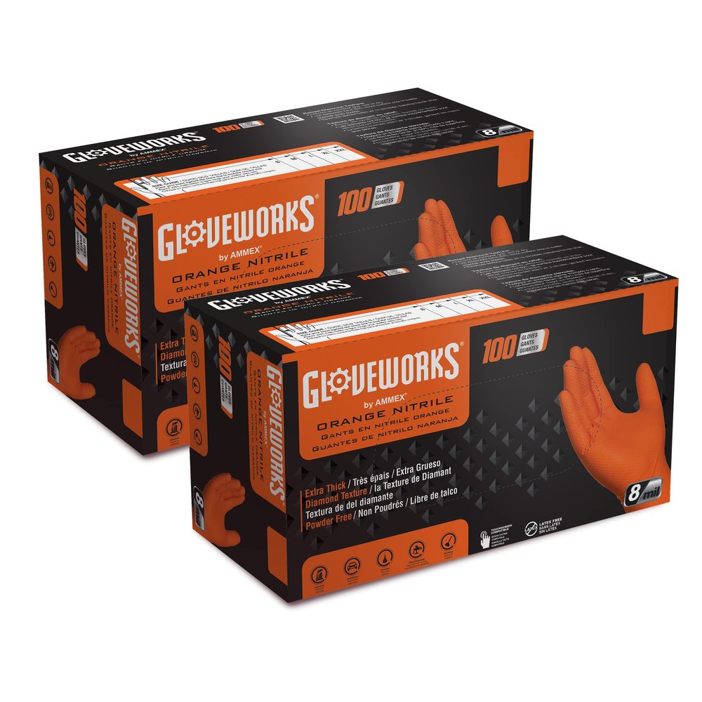 GLOVEWORKS Orange Nitrile Work Gloves 8 Mil Disposable Heavy Duty Raised Diamond Grip, Mechanic Glove, Small, 2 Boxes of 100