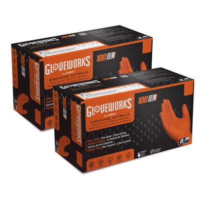 GLOVEWORKS Orange Nitrile Work Gloves 8 Mil Disposable Heavy Duty Raised Diamond Grip, Mechanic Glove, XL, 2 Boxes of 100