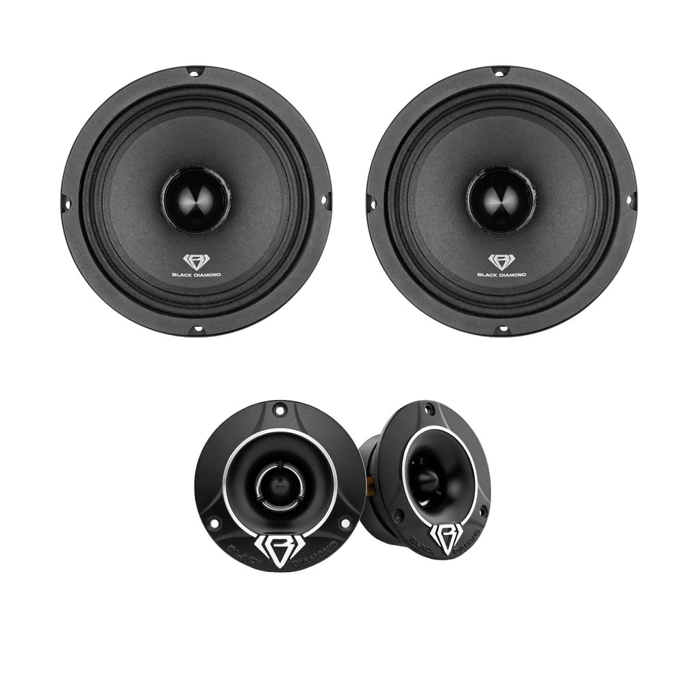 BLACK DIAMOND Mid and High Complete Package - Includes 2X Midrange Loudspeaker 6.5" and 2X Aluminum Super Bullet Tweeter 1" Built in Crossover - Door Speakers for Car or Truck Stereo Sound System