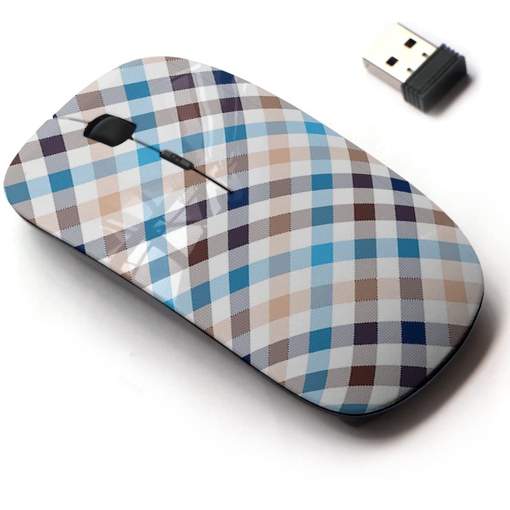 2.4G Wireless Mouse with Cute Pattern Design for All Laptops and Desktops with Nano Receiver - Blue Beige Diagonal Check