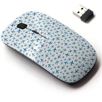2.4G Wireless Mouse with Cute Pattern Design for All Laptops and Desktops with Nano Receiver - Blue Planes Icons on White