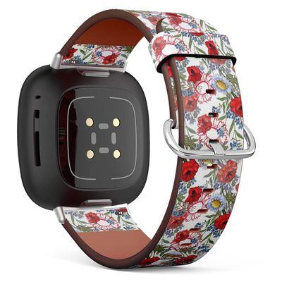 CJBROES Replacement Leather Watch Band, Compatible with Fitbit Versa 3 and Fitbit Sense of Wristband Bracelet Accessory - Poppy Flowers Wildflowers