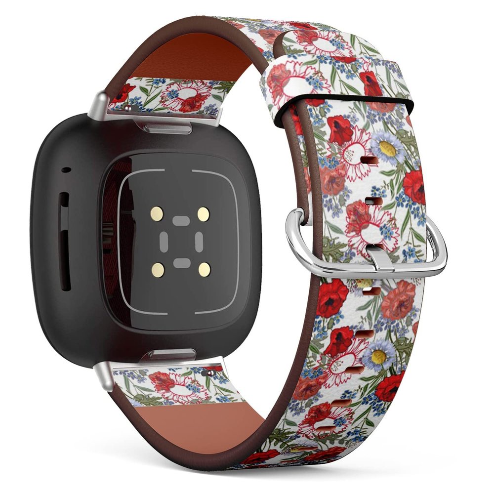 CJBROES Replacement Leather Watch Band, Compatible with Fitbit Versa 3 and Fitbit Sense of Wristband Bracelet Accessory - Poppy Flowers Wildflowers