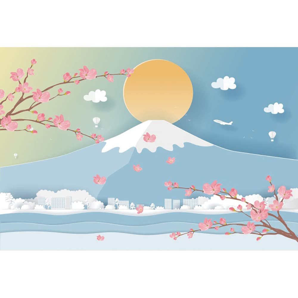 DORCEV 10x6.5ft Cartoon Japanese Fuji Mountain Backdrop Pink Cherry Blossoms Yellow Sun Photography Background Japan Theme Party Photo Booth Traveller Prom Decor Wall Baby Shower Cake Table Banners
