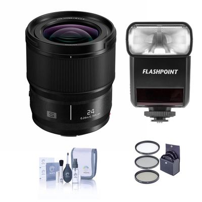Panasonic LUMIX S 24mm f/1.8 Lens for L Mount, Bundle with Flashpoint Zoom-Mini TTL R2 Flash, 67mm Filter Kit, Cleaning Kit