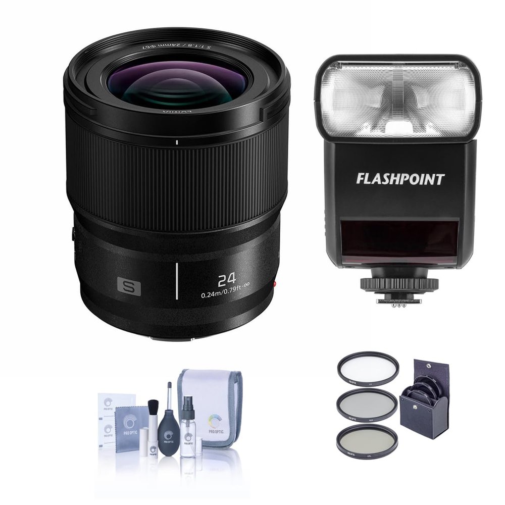 Panasonic LUMIX S 24mm f/1.8 Lens for L Mount, Bundle with Flashpoint Zoom-Mini TTL R2 Flash, 67mm Filter Kit, Cleaning Kit