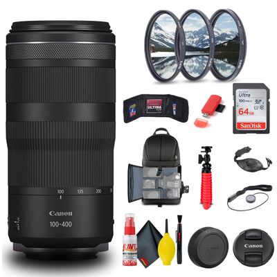 Canon RF 100-400mm f/5.6-8 is USM Lens (5050C002) + Filter Kit + Backpack + 64GB Card + Card Reader + Flex Tripod + Memory Wallet + Cap Keeper + Cleaning Kit + Hand Strap + More (Renewed)